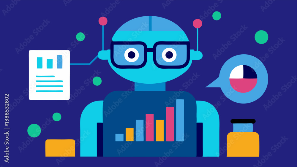 Poster data analysis a robot with glasses analyzing a large data report filled with numbers and trading sig