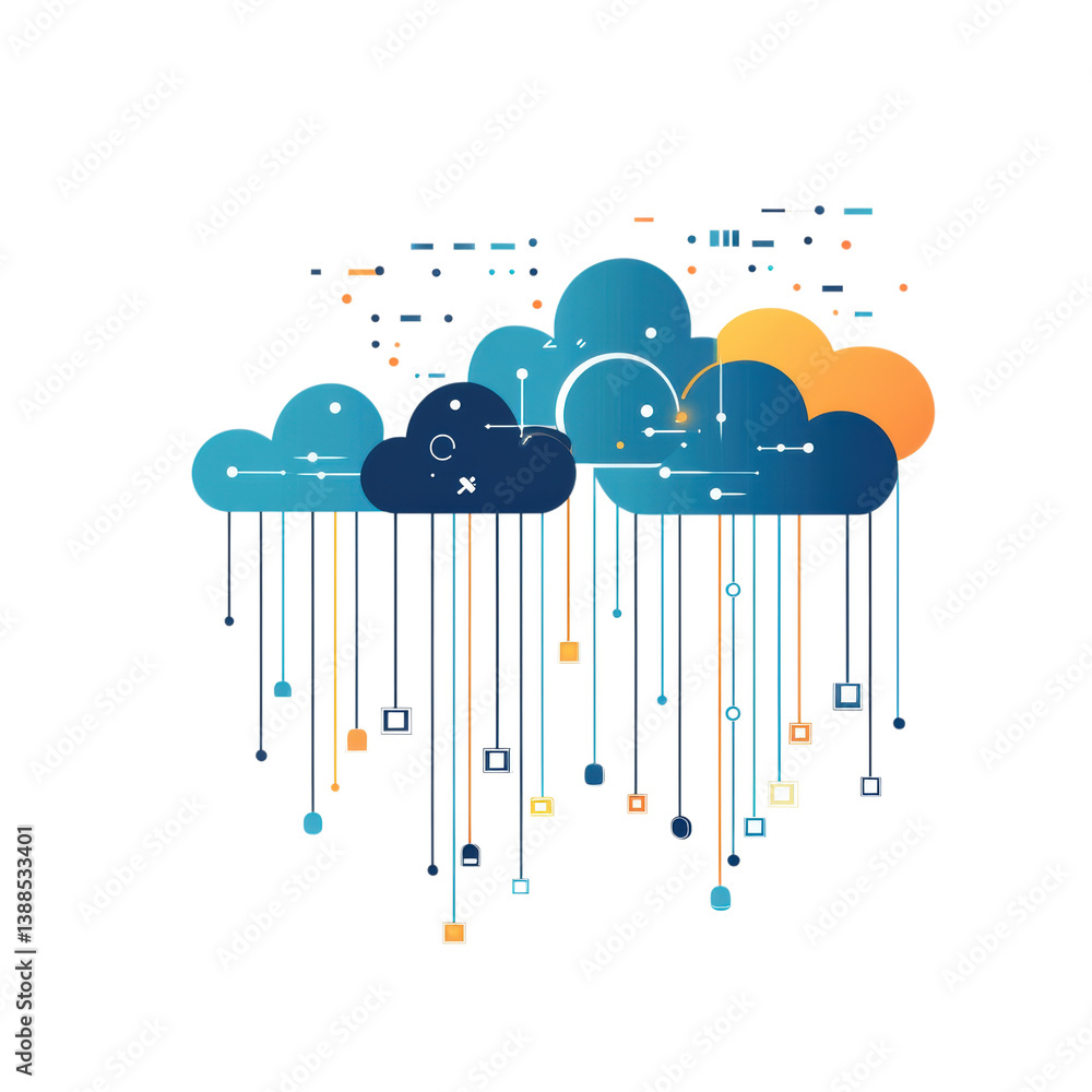 Poster a digital illustration of stylized clouds with colorful rain in the form of geometric shapes and pat