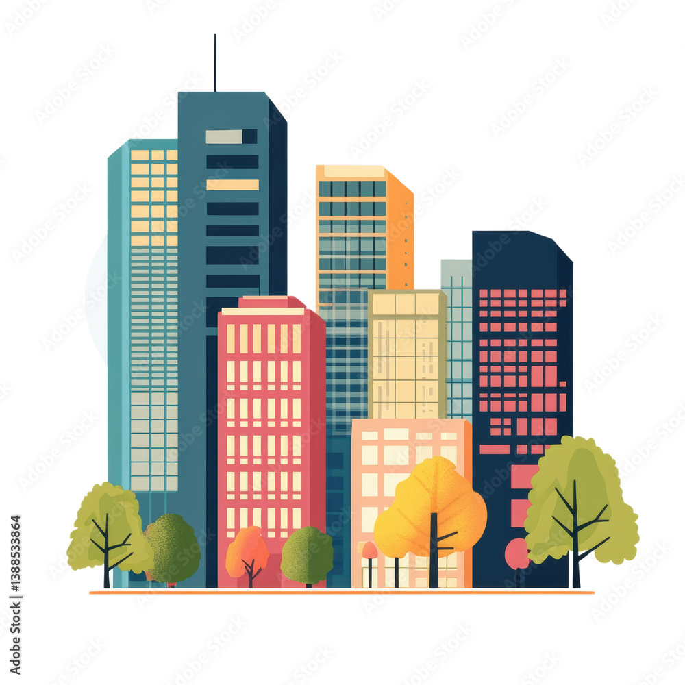 Poster a colorful city skyline featuring a variety of modern buildings with distinct architectural styles a
