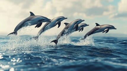 Dolphins Jumping Out of Ocean Water in Formation Marine Wildlife