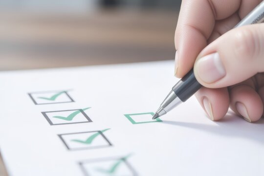 Close-up of hand checking boxes on a checklist with a pen, symbolizing task completion and organization