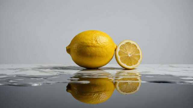 Vibrant Lemon Still Life Reflecting in Water, Symbolizing Freshness and Zest