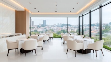 A modern restaurant features pristine white tables and chairs arranged against a backdrop of expansive windows showcasing a cityscape. The rooms design is minimalist and sleek, with soft lighting enh