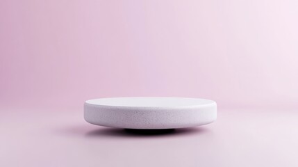 A low, round white platform sits centrally against a pale pink background. The image is simple, with a minimalist composition. Its digitally rendered, high-quality and features even lighting. The st
