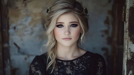 Naklejka premium Stunning Blonde Woman Portrait Dark Lace Dress