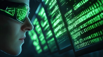 A focused individual wearing futuristic glasses gazes at glowing green data streams on multiple screens, evoking themes of technology and digital exploration.