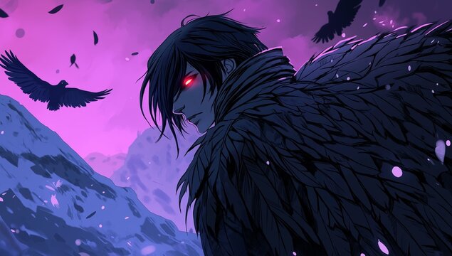 A man with red eyes and raven feathers against a purple sky with mountains and flying birds art   - Powered by Adobe