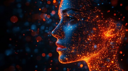 Glowing female face profile, illuminated with vibrant orange particles on a dark backdrop