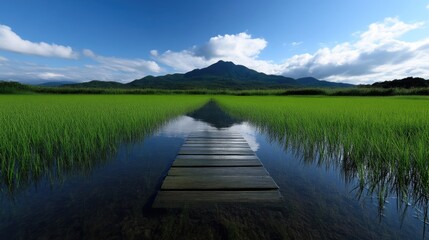 Tranquil wooden path through a rice paddy, reflecting a mountain under a vibrant sky