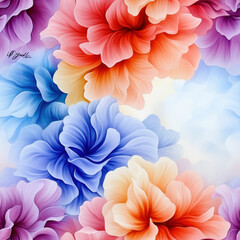 Obraz premium Vibrant seamless pattern of colorful flowers in shades of blue, pink, and orange creates beautiful and lively atmosphere