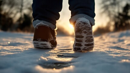Hiking boots walking on snow at sunset