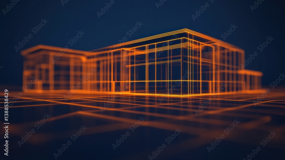 Poster a digital rendering of a house structure with glowing orange wireframe outlines against a dark backg
