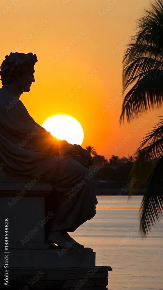 Poster sunset view with statue silhouette near water and palm trees in a tranquil setting