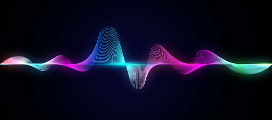 Abstract digital sound wave equalizer with glowing red, purple, and blue gradient lines on a dark background, perfect for music, tech, and futuristic designs