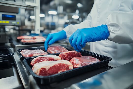 Worker in protective suit preparing meat products in a factory setting.