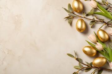 Easter frame with golden eggs, willow branches, and tulips on a beige background with copy space for text