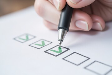 Checklist with Green Tick Marks, Pen, and Hand: Task Management, Approval, and Success Concept