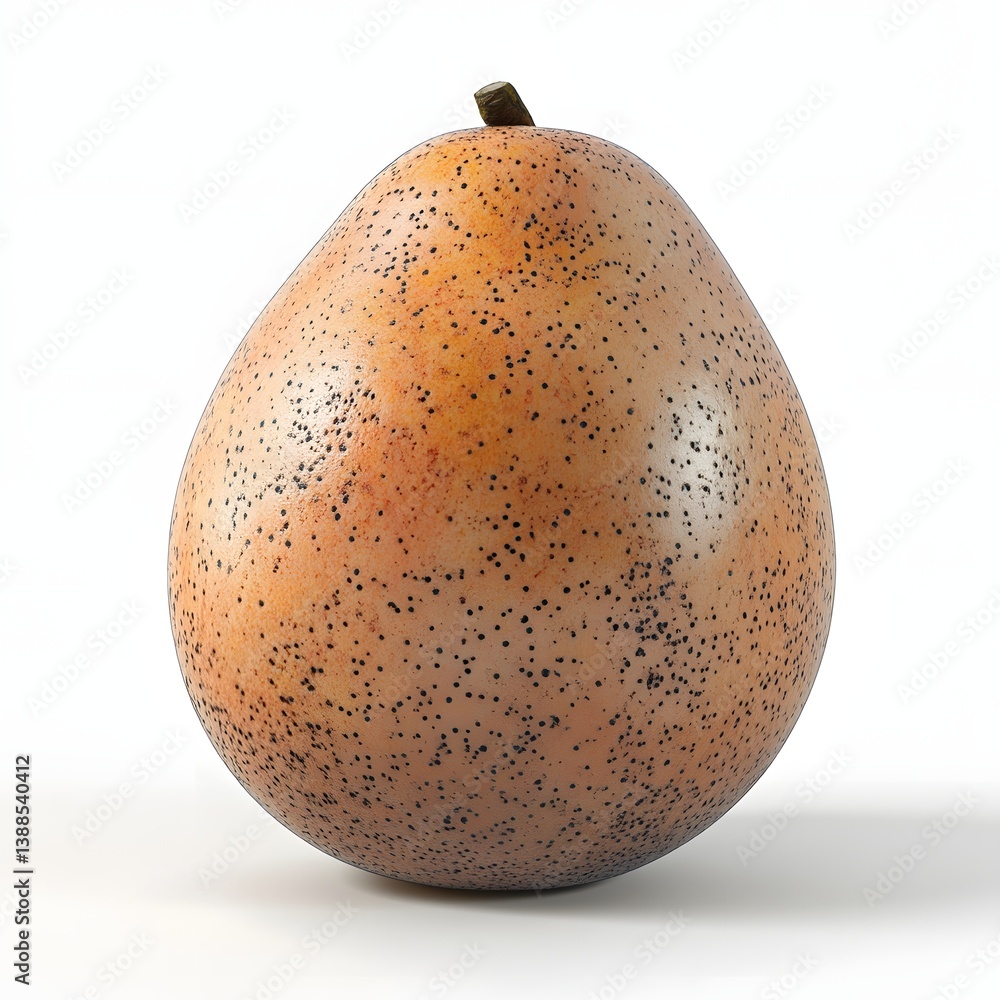 Poster close-up view of a single, ripe pear with a speckled brown skin. the pear is isolated on a white bac