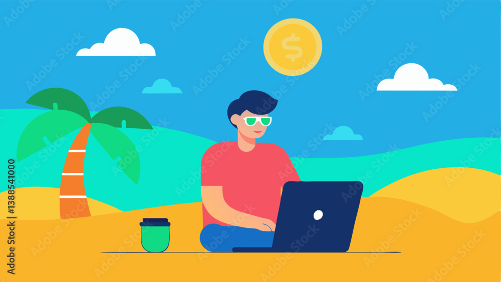 Poster digital nomad with crypto a digital nomad working on a laptop at a beach checking cryptocurrency pri