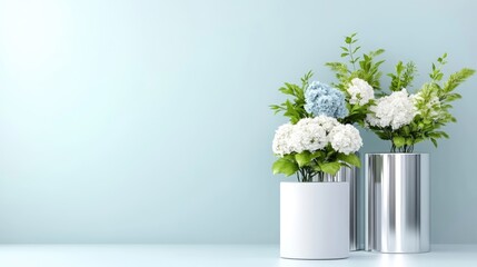 Fototapeta premium Light blue wall, white and silver vases, hydrangeas