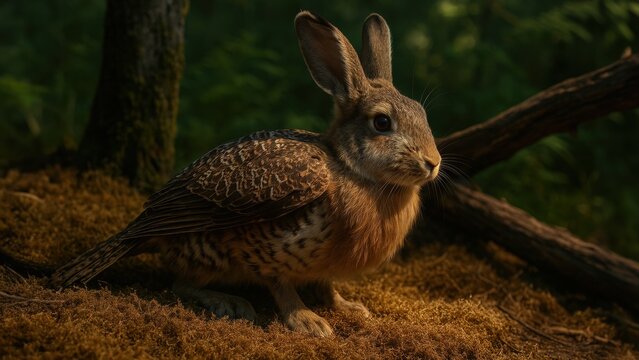 Skvader, the Winged Hare-Bird Hybrid Resting in a Forest Clearing