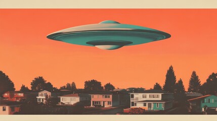 Fototapeta premium A retro-styled image depicting a flying saucer hovering over suburban homes at sunset, evoking themes of science fiction and extraterrestrial life.