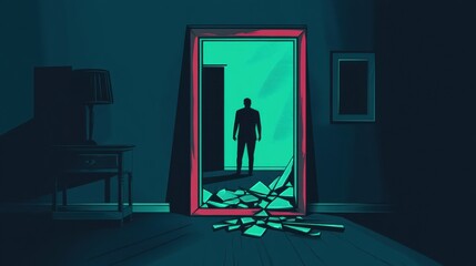 A shadowy figure stands in a broken mirror's reflection, surrounded by shards on the floor, casting an eerie atmosphere with vibrant colors.