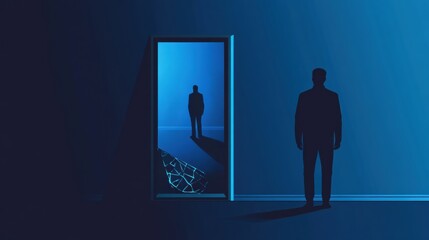 A silhouette of a man stands before a doorway, casting a shadow, with a blue-toned background suggesting mystery and introspection.