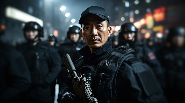 serious mature adult Asian man wearing black uniform and holding a weapon, an automatic machine gun in his hand, policeman or soldier or special forces or soldier of the military