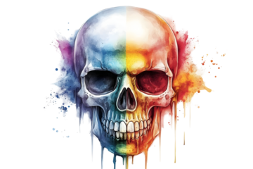 Colorful Watercolor Skull Illustration With Transparent Background Abstract Art