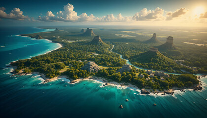 Aerial View of Tropical Island with Pyramids, Beaches, and Lush Forest