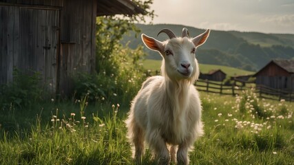 Obraz premium Goat Standing in Morning Field