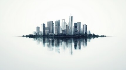 Fototapeta premium Urban skyline reflection modern city digital art tranquil water aerial view serenity