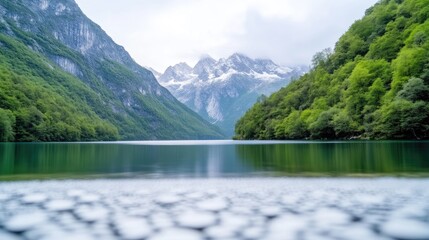 Serene mountain lake nestled in a lush valley