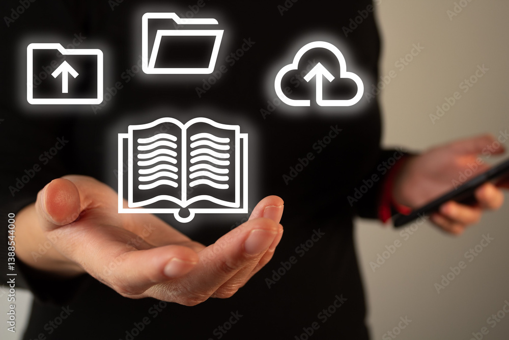 Aufkleber a person holds an open book icon and some cloud upload icons. virtual library concept.