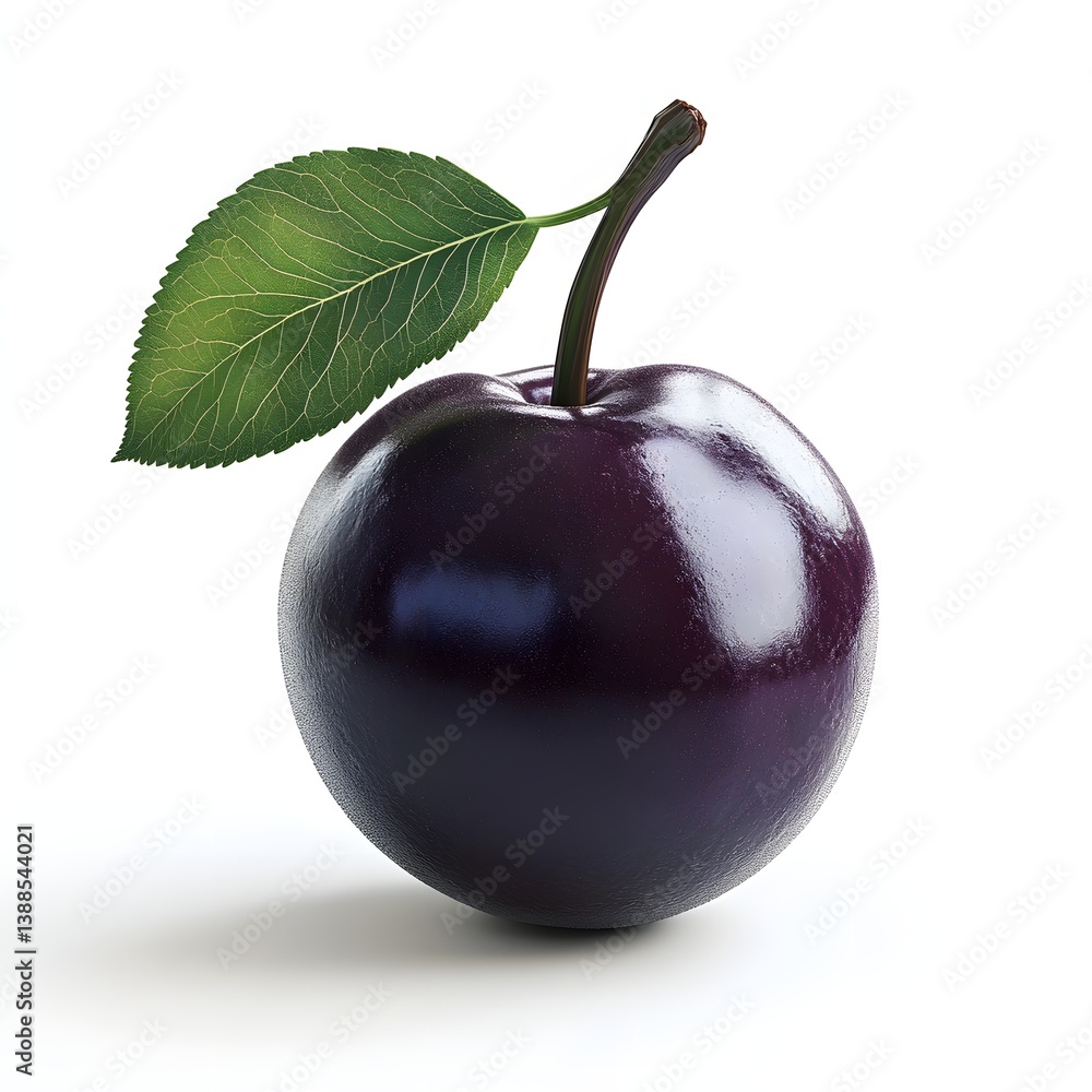 Poster a single, ripe plum with a vibrant purple hue and a single green leaf is shown against a pristine wh