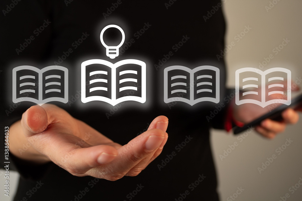 Poster a person holds several icons of open books, one of which stands out for having a light bulb on top. 