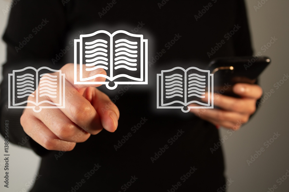 Aufkleber a person is holding an open book and pointing at it with their finger. there are other icons of the 