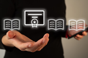 A person holding several open book icons and a certificate of education icon. Learning and...