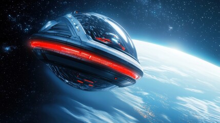 Fototapeta premium A futuristic spaceship hovers above a blue planet, surrounded by stars in a deep space setting, showcasing advanced technology and a cosmic atmosphere.