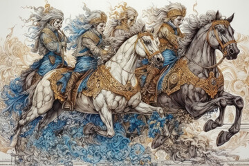 A bright, detailed illustration in the spirit of fantasy or historical epic. Four horsemen in rich oriental or Slavic attire ride decorated horses.  