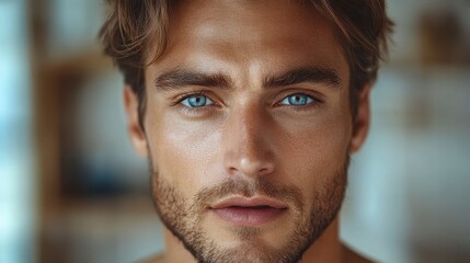 Fototapeta premium Intense gaze, piercing blue eyes, tan skin, and wavy brown hair portrait
