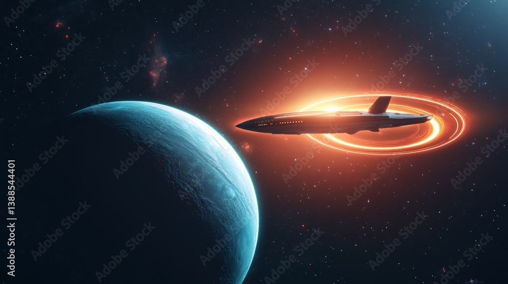 Poster a futuristic spaceship orbits a distant planet, surrounded by glowing cosmic elements and a vibrant 