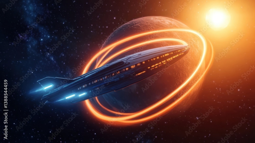 Poster a futuristic spaceship orbits a colorful planet, illuminated by a glowing sun, creating a vibrant co