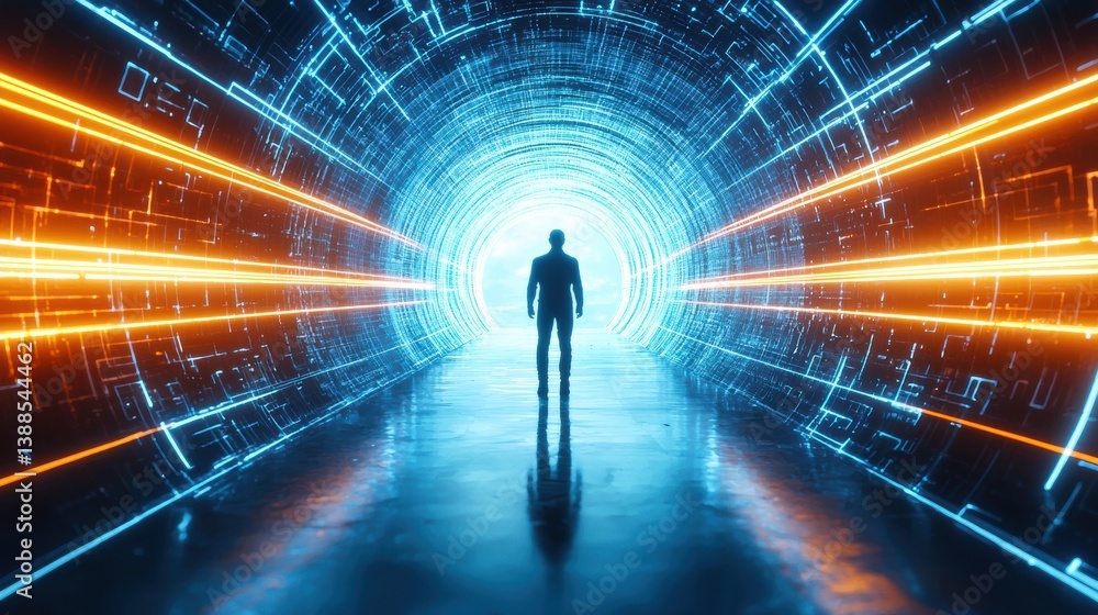 Poster a silhouetted figure stands at the end of a glowing tunnel filled with digital patterns, suggesting 