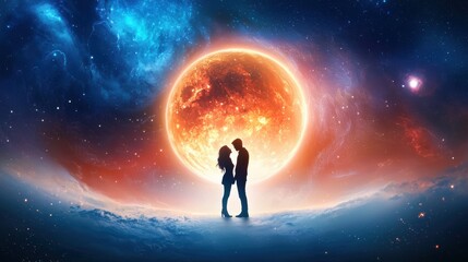 Fototapeta premium A romantic silhouette of a couple against a vibrant cosmic backdrop featuring a large, glowing moon and colorful celestial elements.