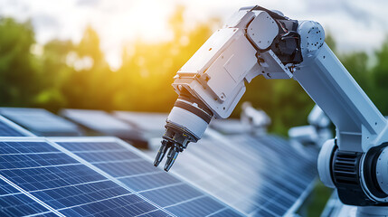 A mechanical arm in a high tech solar panel manufacturing facility, surrounded by solar cells and assembly lines, Environmental style