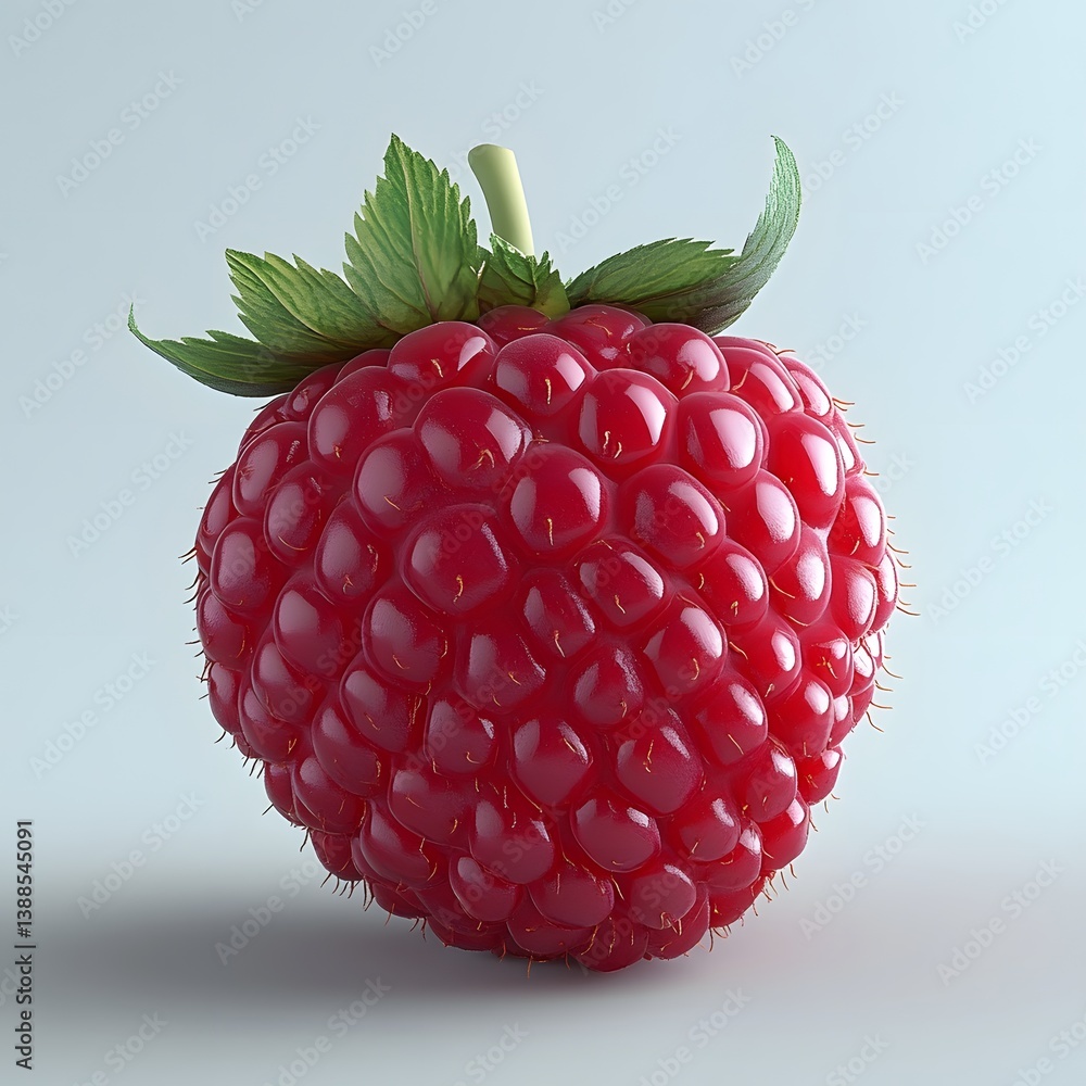 Poster A detailed close-up of a single ripe raspberry, its vibrant red hue and intricate texture highlighted against a soft background. Fruit Isolated on a white background. Red Rambutan Juicy Strawberry