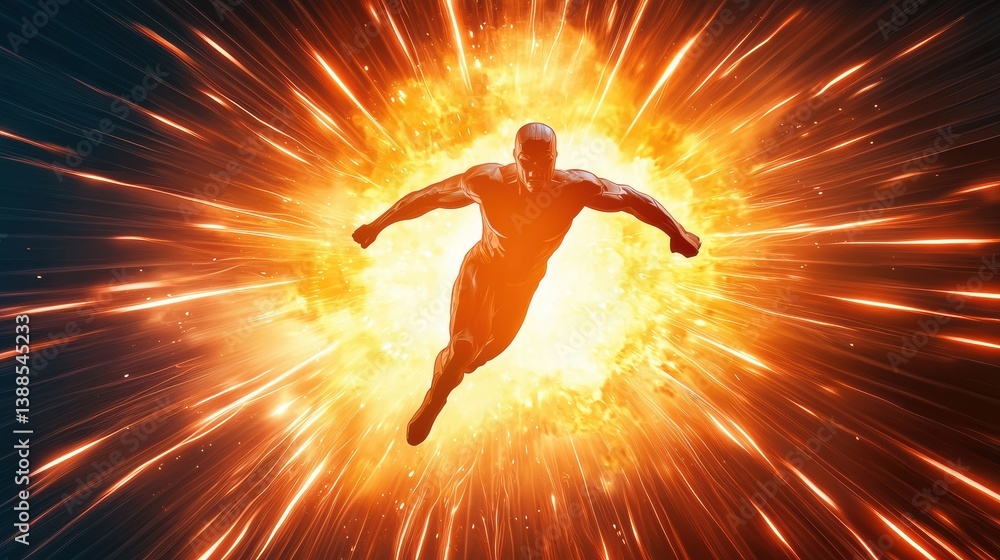 Aufkleber a dynamic figure leaps forward against a backdrop of fiery explosion, symbolizing power and action.