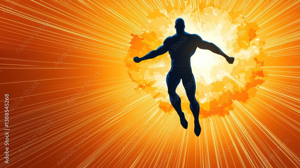 Poster a dynamic figure leaps from a vibrant explosion, surrounded by radiant rays, symbolizing power and e